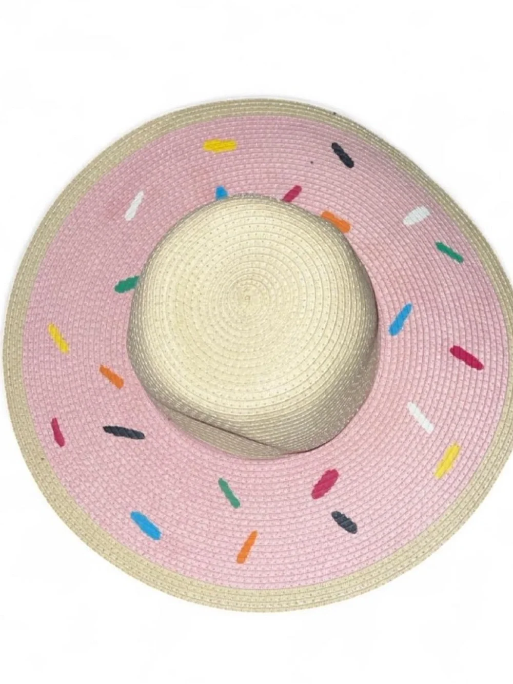 Wide Brim Straw Sun Donut  Beach Hat with Pink Sprinkles